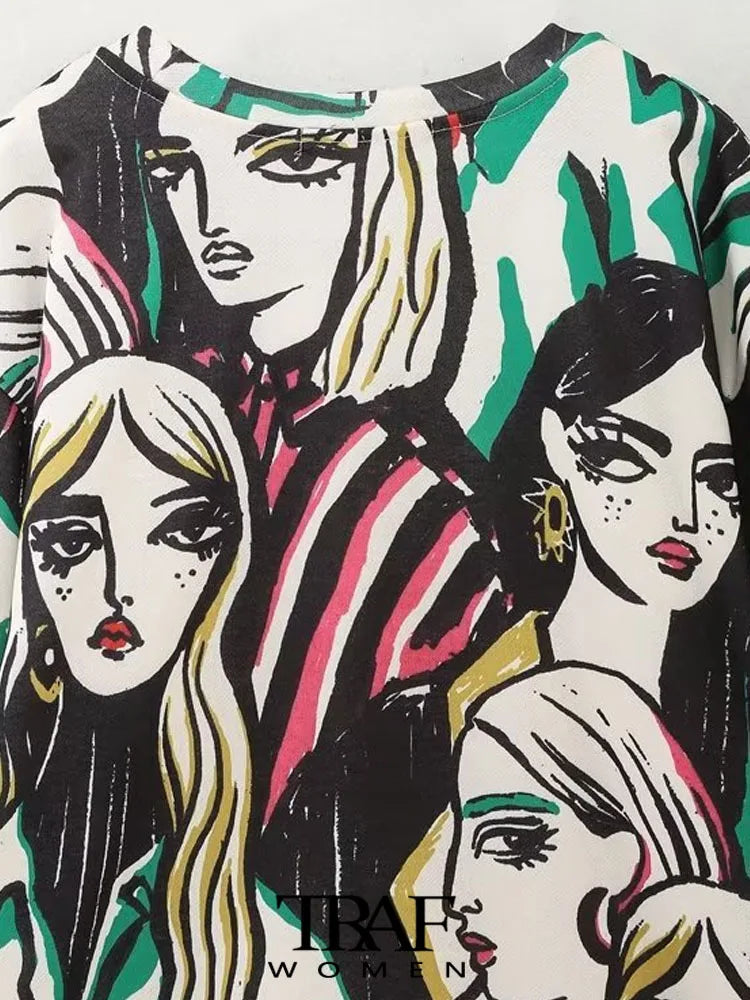 Women Fashion Girl Print Sweatshirt Vintage O Neck Long Sleeve Female Pullovers Chic Tops