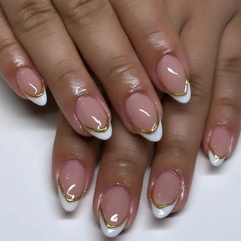 24Pcs Elegant Nude Almond Press-On Nails with Gold Stripes and White French Tips Reusable Full Cover False Nails for Women&Girls