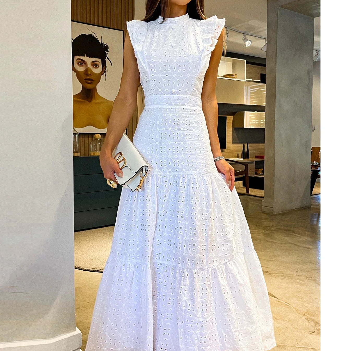 Bohemian Solid Hollow Out Elegant Women Dress O Neck Flying Sleeve Button Long Dress Summer Chic Casual Beach Women Clothing