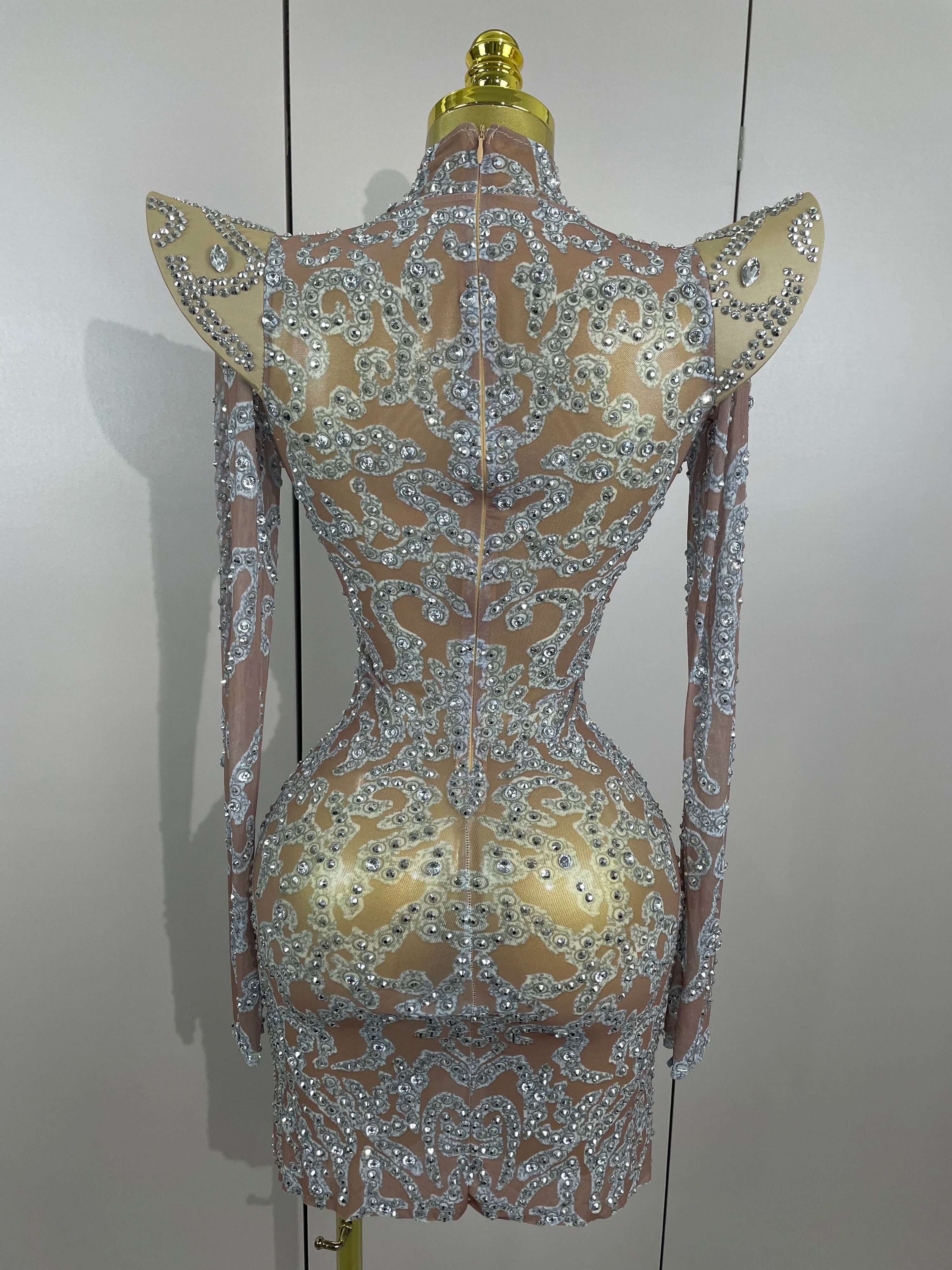 Sexy Singer Stage Drag Queen Costume 2025 Women Shiny Rhinestones Transparent Short Dress Birthday Celebrate Photoshoot Dress