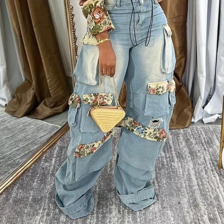 CM.YAYA Washed Denim Women's Set Full Sleeve Floral Jacket and Pockets Cargo Jeans Pants Suit 2024 Street Two 2 Piece Set Outfit Pants