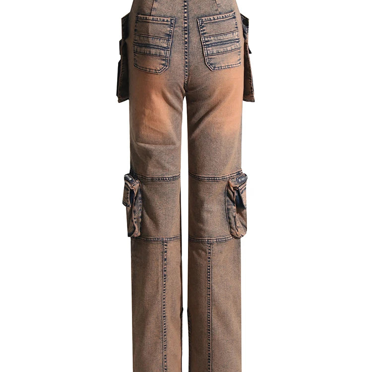 Solid Patchwork Pockets Casual Denim Trousers For Women High Waist Spliced Button Streetwear Loose Cargo Jeans Female New