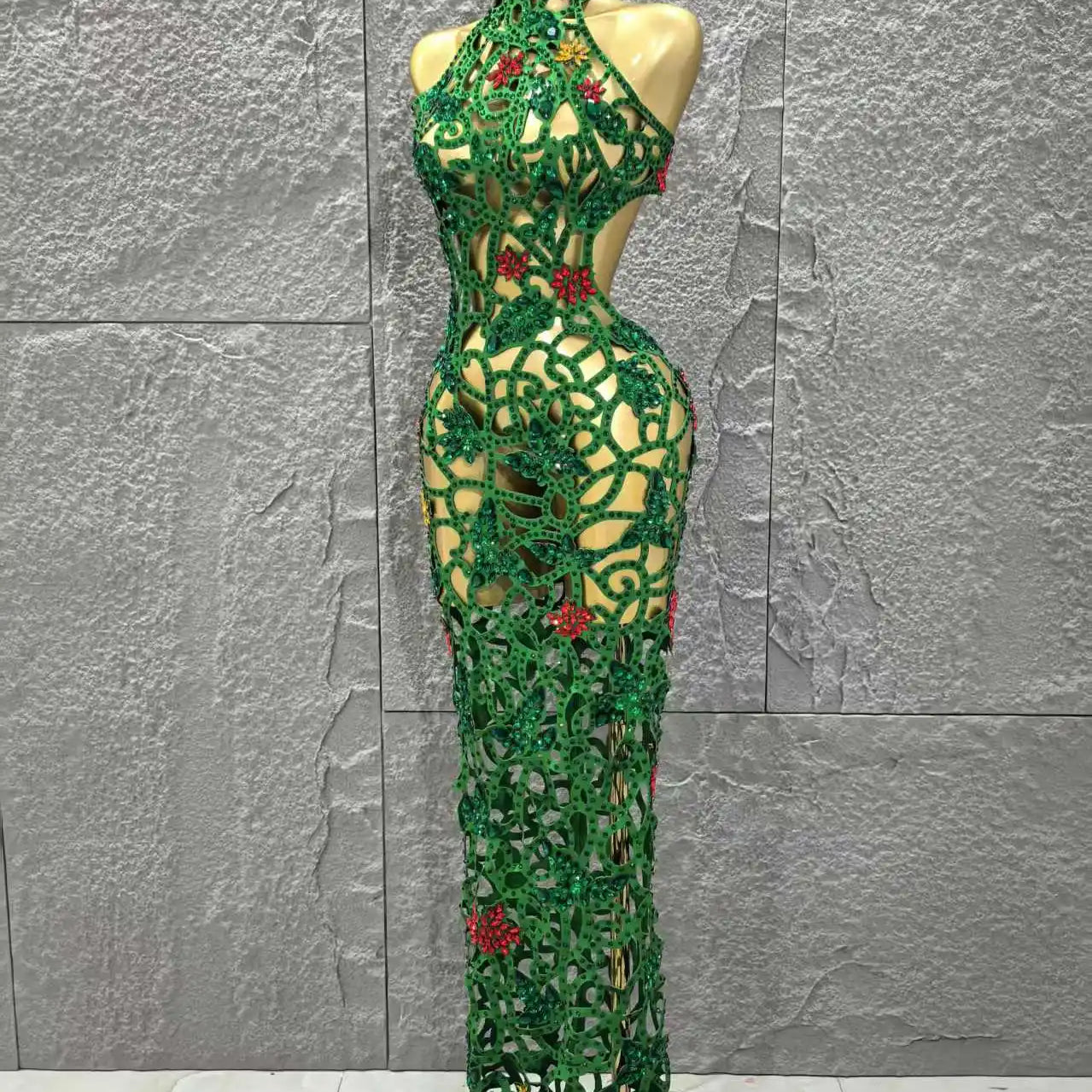 Women Sleeveless Sexy Hollow Out Shinning Rhinestones Bodycon Long Dress Backless Celebrate Nightclub Party Celebrity Stage Wear
