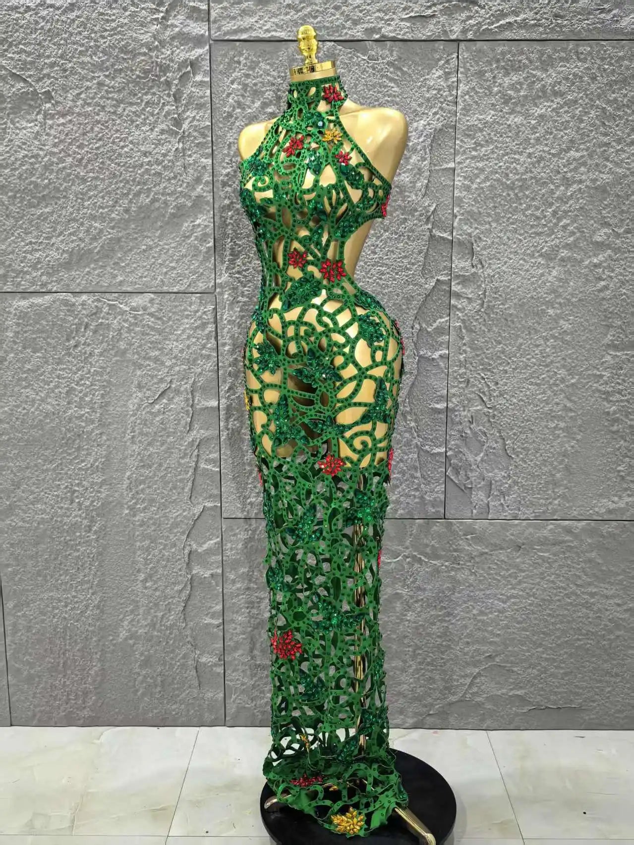 Women Sleeveless Sexy Hollow Out Shinning Rhinestones Bodycon Long Dress Backless Celebrate Nightclub Party Celebrity Stage Wear