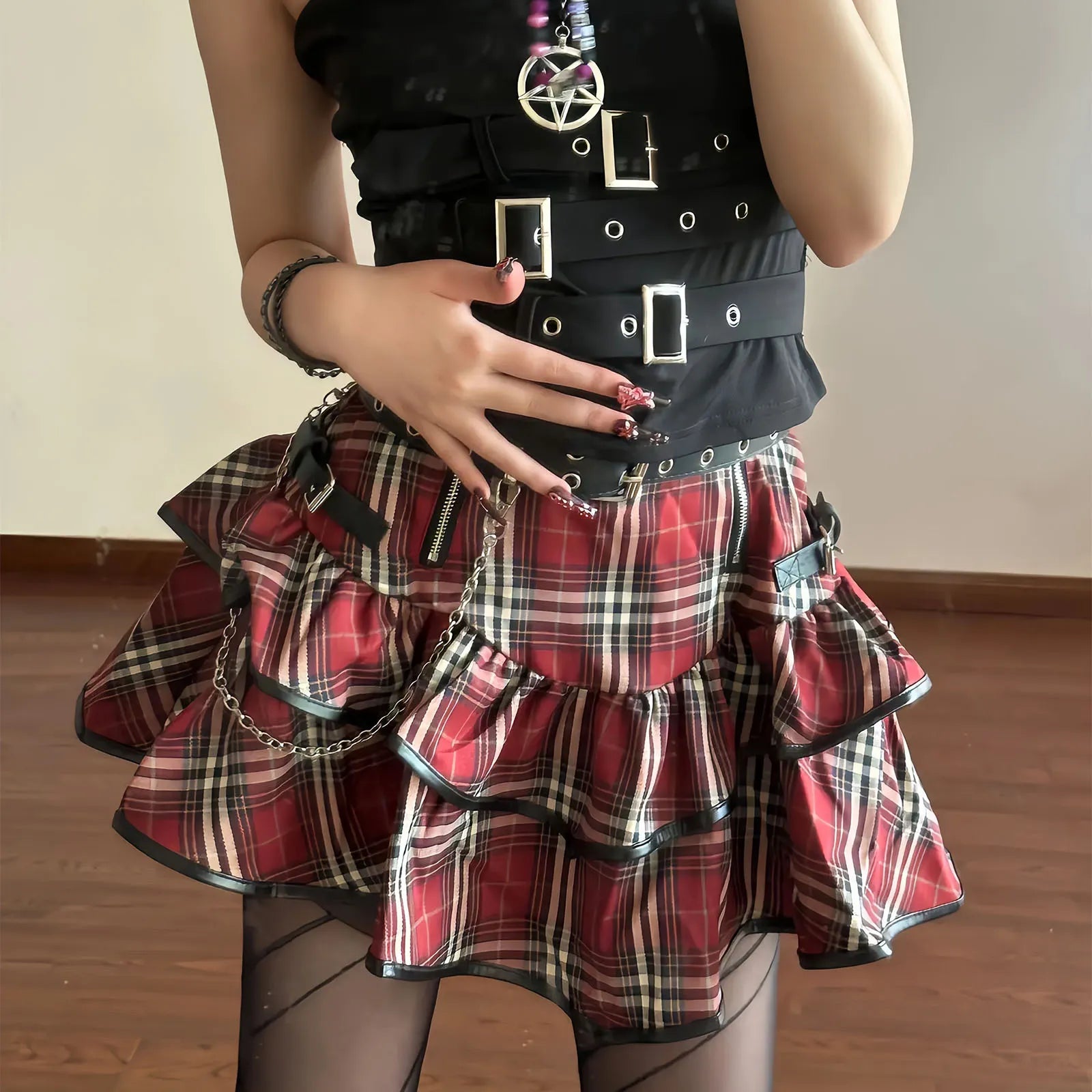 Koreaanse Japanse zoete hete kleren Gotische punkrokken y2k streetwear donkere esthetiek geplooide baljurk plaid streep mini rok