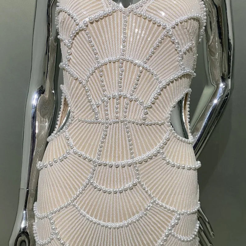 STOCK New Arrival Shining Sequins Beading Hollow Out Spaghetti Strap Long Dress Woman Birthday Party Dress Sweet Dateing Outfit