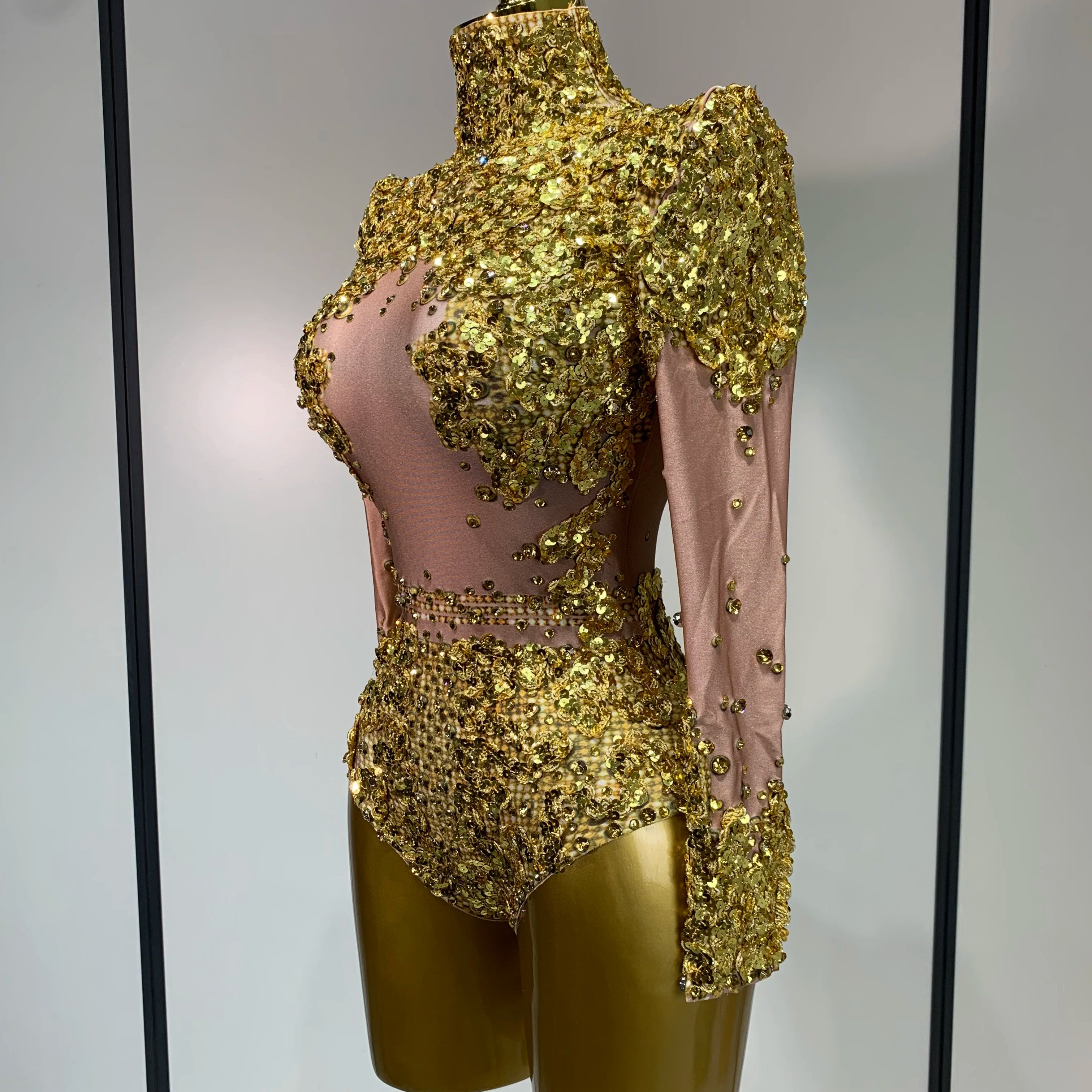 Sparkly Gold Rhinestone Sequin Stretch Bodysuits  Women Luxury Birthday Party Nightclub Dancer Stage Performance Costume