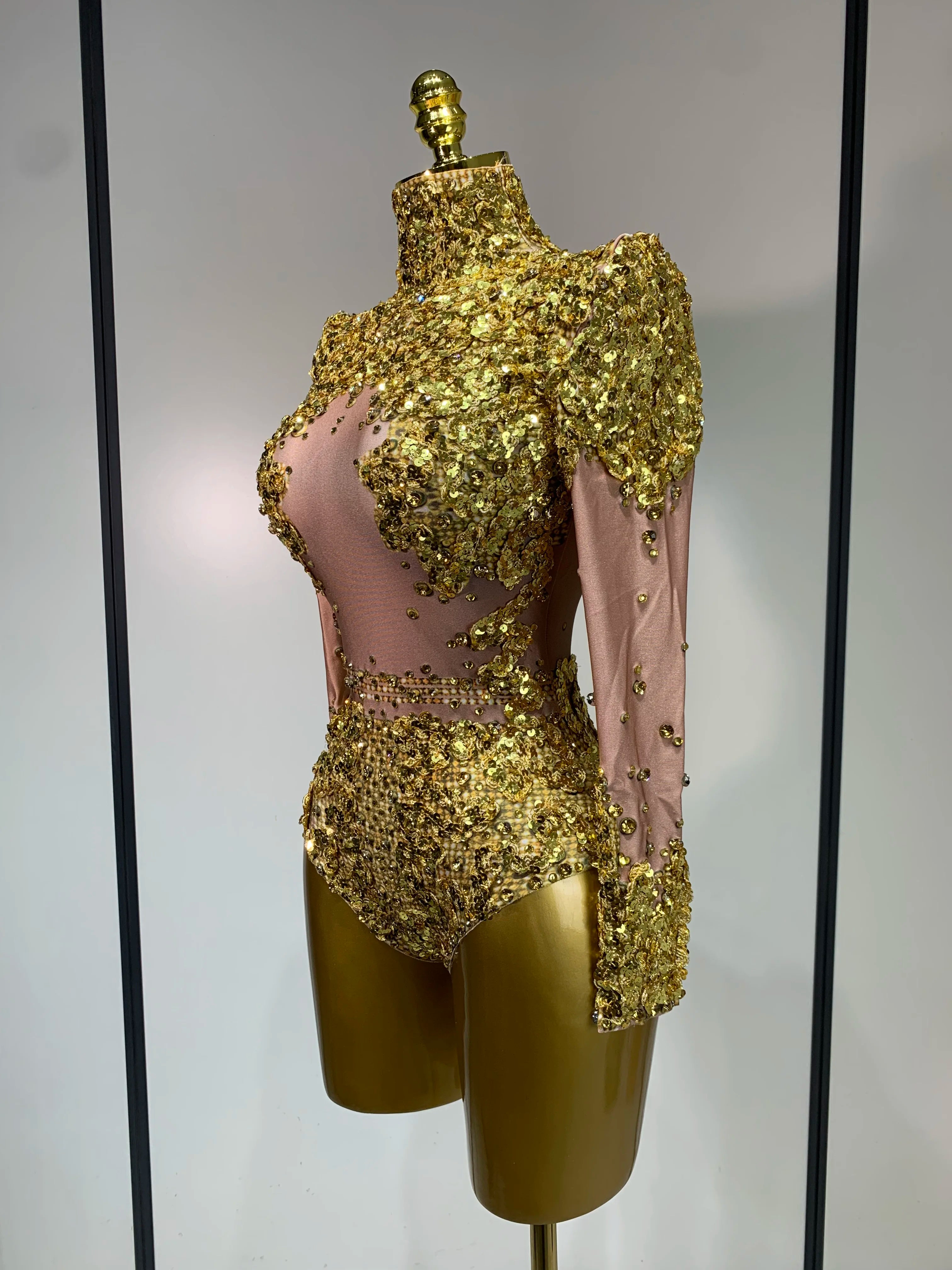 Sparkly Gold Rhinestone Sequin Stretch Bodysuits  Women Luxury Birthday Party Nightclub Dancer Stage Performance Costume