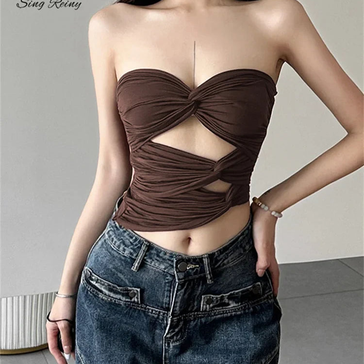 SINGREINY Sensual Strapless Solid Skinny Tank Tops Fashion Cross Short Slim Camisole Female Streetwear Irregular Sexy Tank Tops