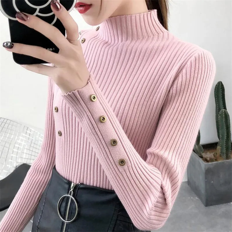 Women Autumn Knitted Slim Sweaters Solid Knitted Female Cotton Soft Elastic Color Pullovers Button Full Sleeve Turtleneck
