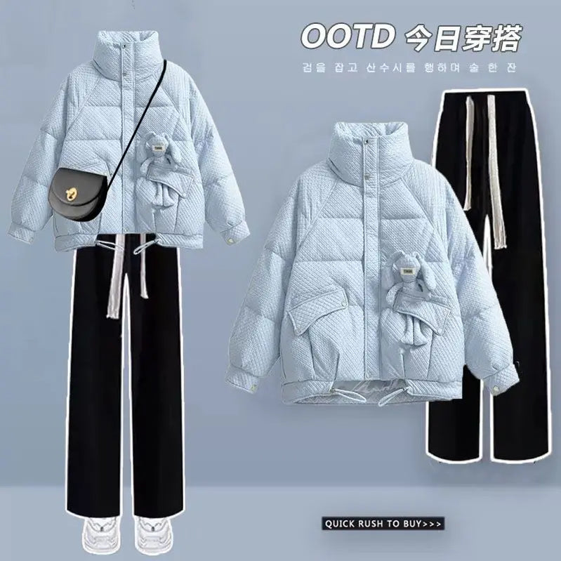 Korean Style Loose and Thickened Cotton Jacket Price Casual Wide Leg Pants Two-piece Elegant Women's Pants Set Winter Outfits blue set