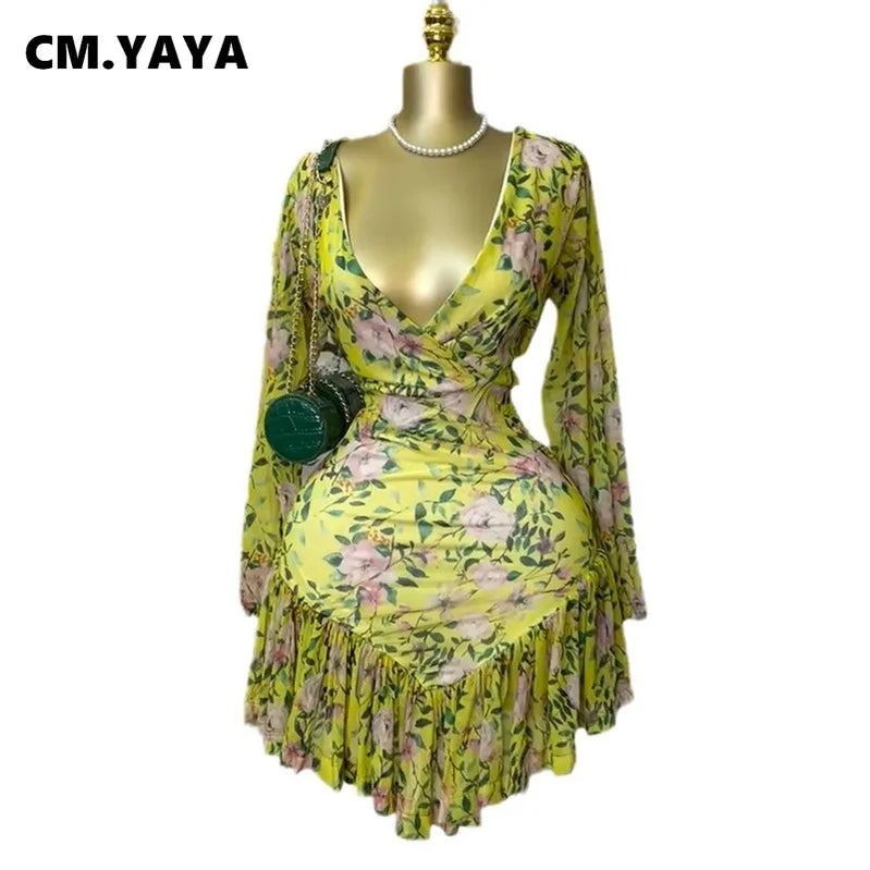 CM.YAYA Women Floral Printed Long Sleeve V-neck Ruffles Mini Dress 2025 Beach Evening Sexy Beach Party Birthday Street Dresses