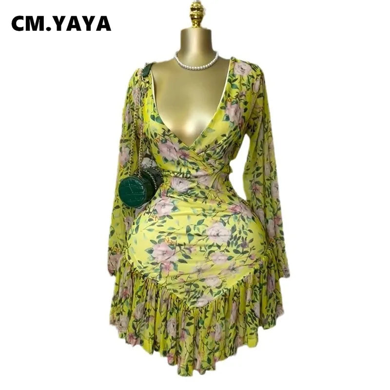 CM.YAYA Women Floral Printed Long Sleeve V-neck Ruffles Mini Dress 2025 Beach Evening Sexy Beach Party Birthday Street Dresses