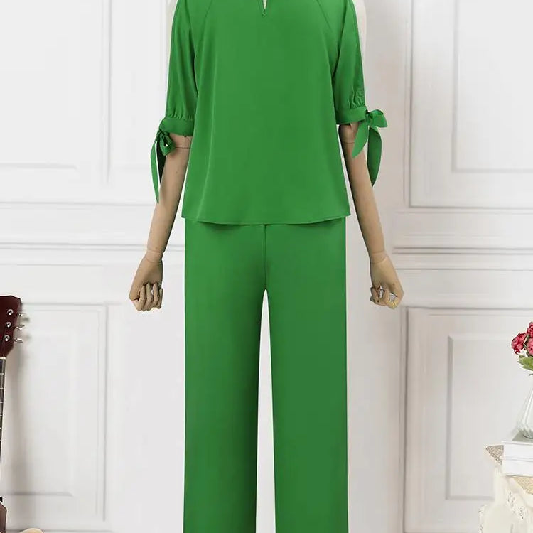 Plus Size 5XL Elegant Women Pant Sets 2024 VONDA Summer Cold Shoulder 2pcs Casual 3/4 Sleeve Tops Vintage Printed Matching Sets