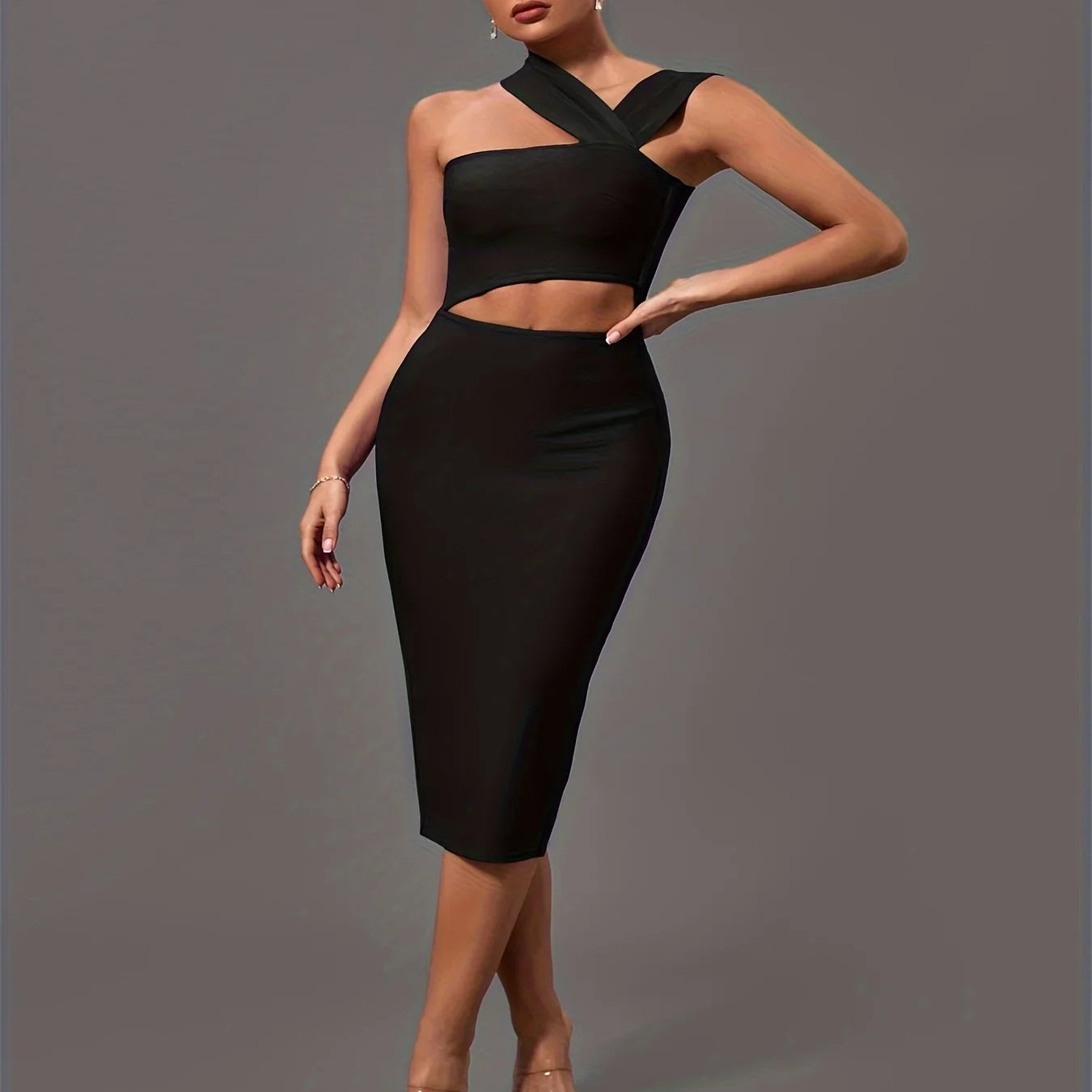 Black Bandage Dress Women Midi Party Dress Bodycon Elegant Halter Neck Sexy Cut Out Birthday Evening Club Outfits Summer