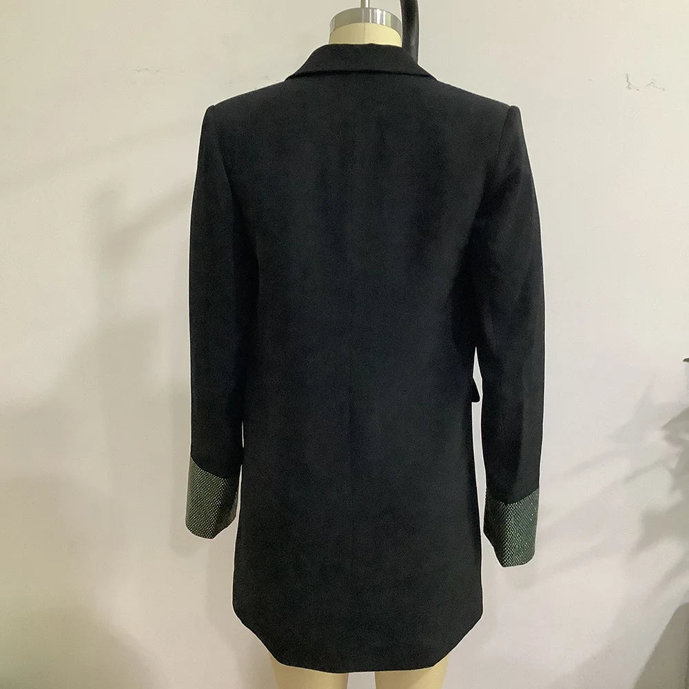 TWOTWINSTYLE Solid Spliced Sequins Fashion Jackets for Women Lapel Long Sleeves Patchwork Single Breasted Elegant Jacket Female