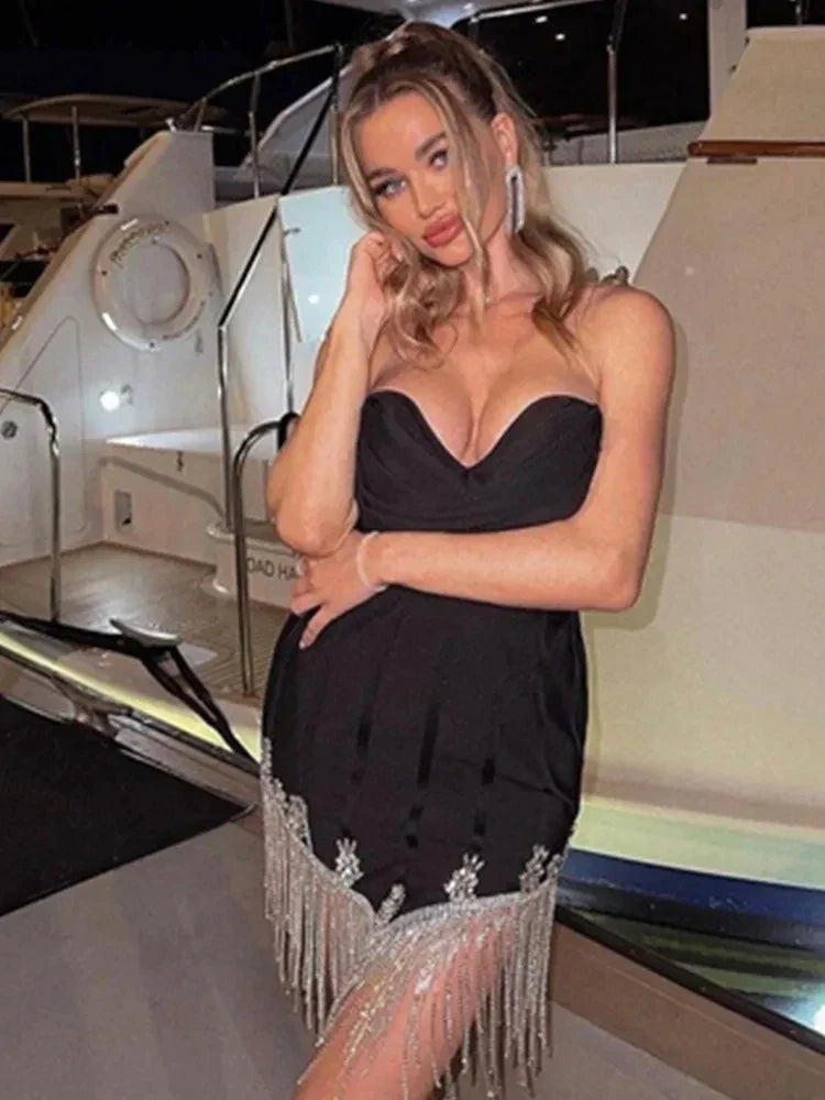 Women Summer Sexy Strapless Diamonds Crystal Black Blue White Mini Bodycon Bandage Dress Elegant Evening Club Party Dresses black