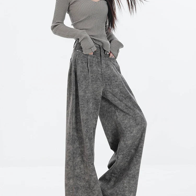 Spring Women's Casual Y2K Grunge Punk Style Denim Trouser American Retro High Waist Straight Jeans Pockets Hip-hop Pants