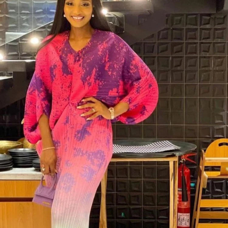 Spring Print Pleated Skirt/Holiday Party Temperament Loose Bat S Sleeve Dress Factory Spot