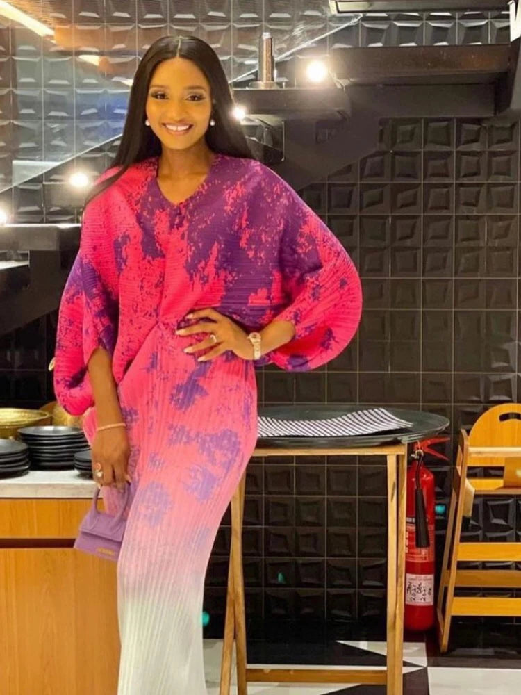 Spring Print Pleated Skirt/Holiday Party Temperament Loose Bat S Sleeve Dress Factory Spot