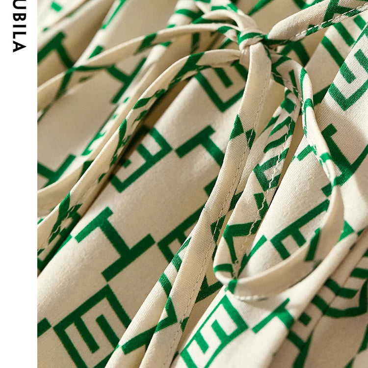 Elegant Print Summer Dress for Women Fashion A Line V-Neck Lace Up Slim Puff Sleeve Ladies Midi Wrap Dresses