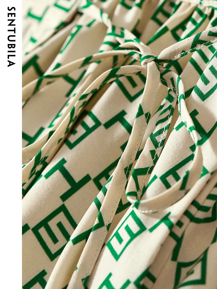 Elegant Print Summer Dress for Women Fashion A Line V-Neck Lace Up Slim Puff Sleeve Ladies Midi Wrap Dresses