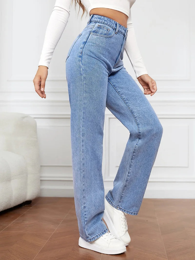 Elastic Washed Denim Fashion Straight Pants Jeans Women's Pants