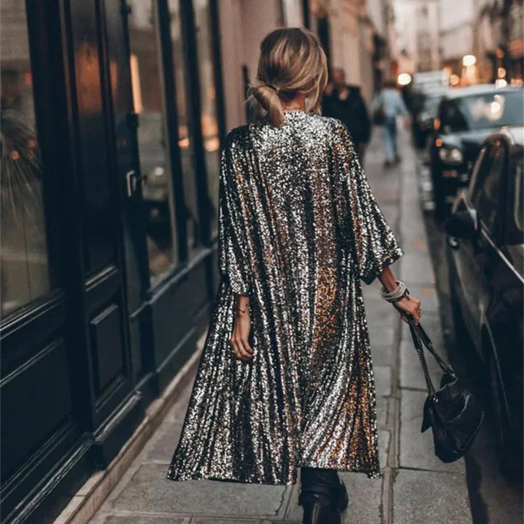 Fashion Sequins Jacket for Women Fall Winter Oversized Casual Party Coats Ladies Chic Long Sleeve Y2k Coats A