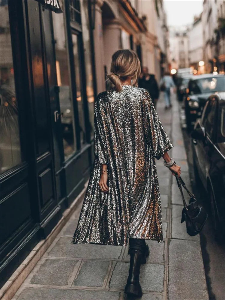 Fashion Sequins Jacket for Women Fall Winter Oversized Casual Party Coats Ladies Chic Long Sleeve Y2k Coats A