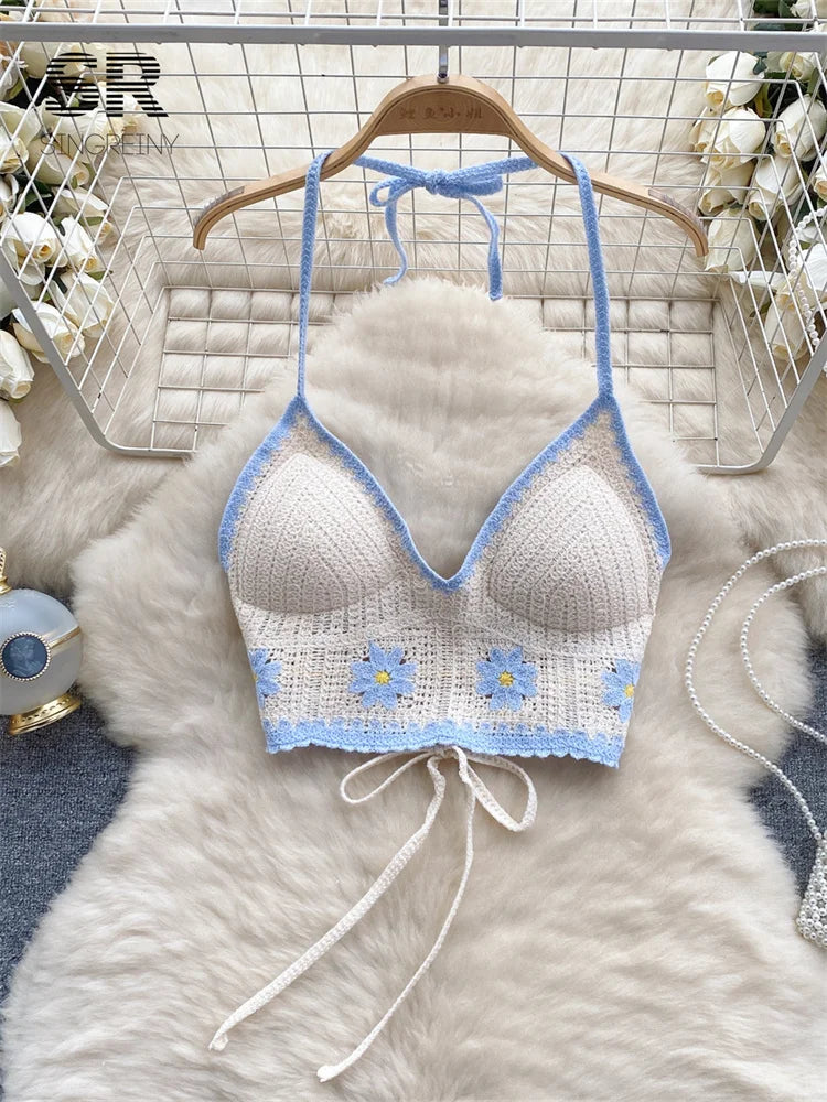 SINGREINY Floral Hook Knit Camisole Women Elegant Backless Fashion Vacation Ladies Backless Summer Bikini Sexy Beach Bra apricot One Size