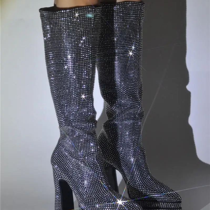 Street Style Women Knee High Boots Crystal Platform High Heel Fashion Rhinestone Boots Ladies Wedding Strass Shoes High Heels