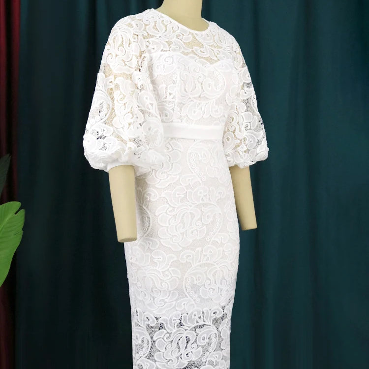 Plus Size Evening Dresses 4XL O Neck Lace Lantern Sleeve Hollow Out Patchwork White Pink Gowns for Ladies Event Cocktail Outfits