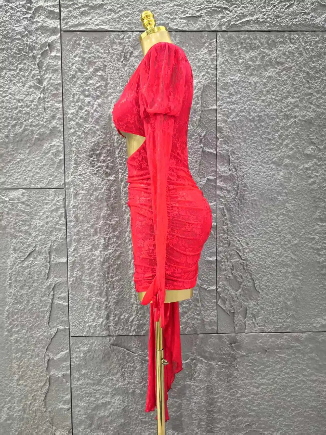 Red Color Christmas Style Women Long Sleeve Sexy Keyholes Bodycon Mini Dress Nightclub Party Celebrate Wedding Outfit