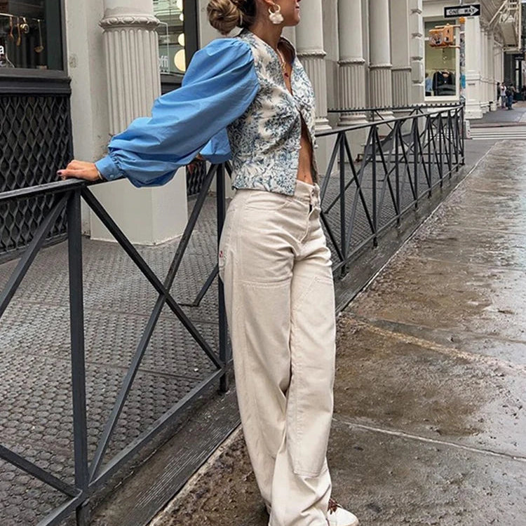 Chic Patchwork Print Floral Shirt Women V-neck Coil Buckle Lantern Sleeve Split Female Blouse Spring Summer Lady Streetwear