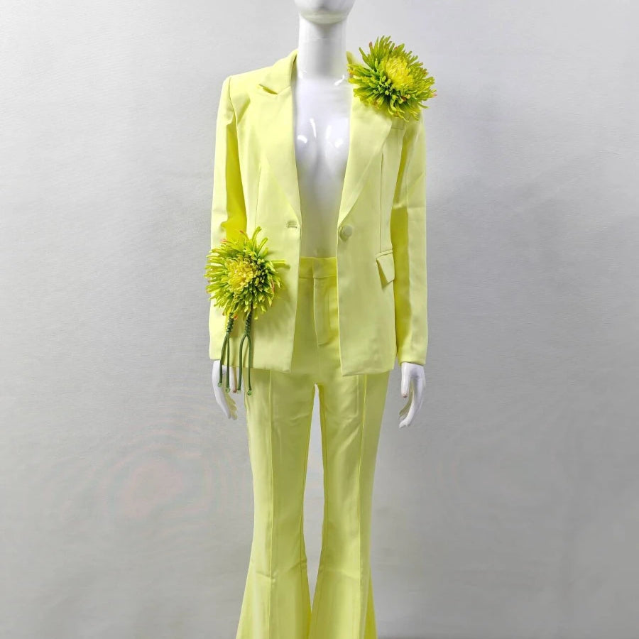 TWOTWINSTYLE Solid Slimming Spliced 3D Flower Two Piece Sets for Women Lapel Long Sleeves Patchwork Button Top Pant Set Female