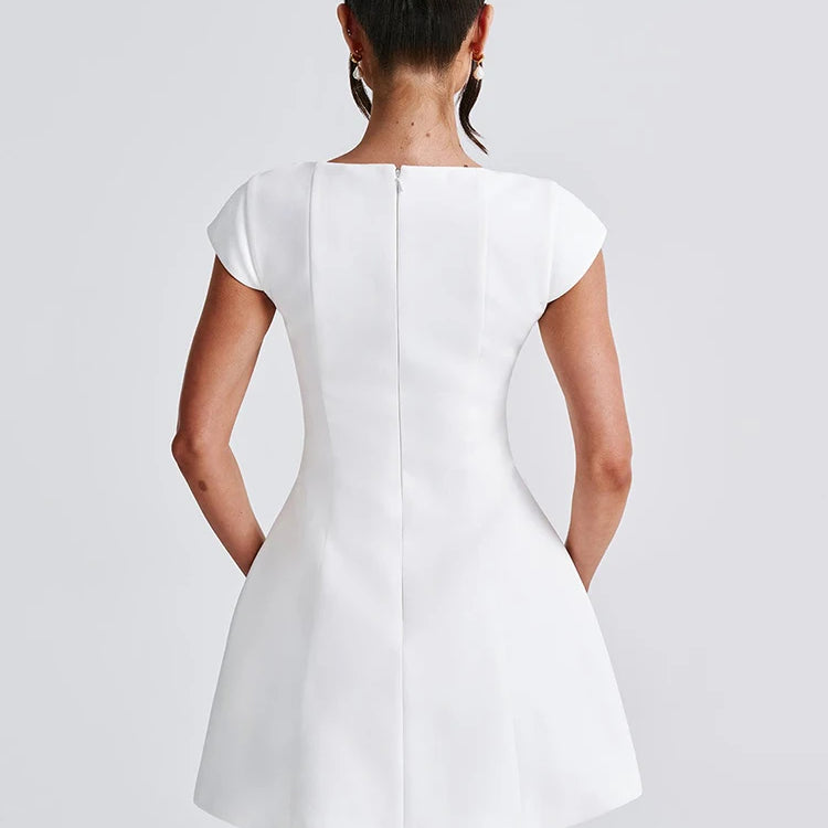 Square Collar Short Sleeve Mini Dress For Women Robe Fashion Solid A-line Loose High Waist Short Dress Elegant