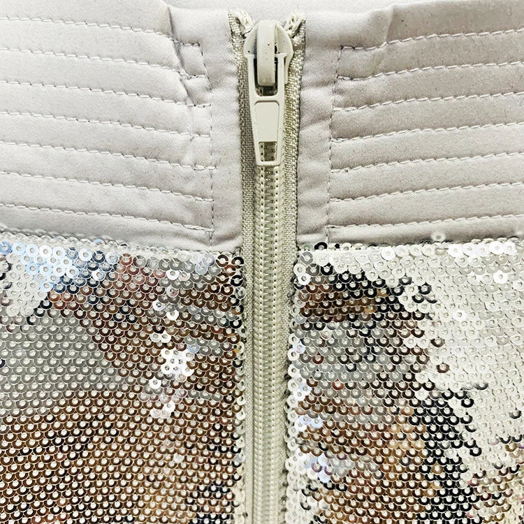 HIGH STREET Newest Stylish Designer Suit Set Women's Glitter Seqeuined Crop Short Jacket Skirt Suit 2pcs