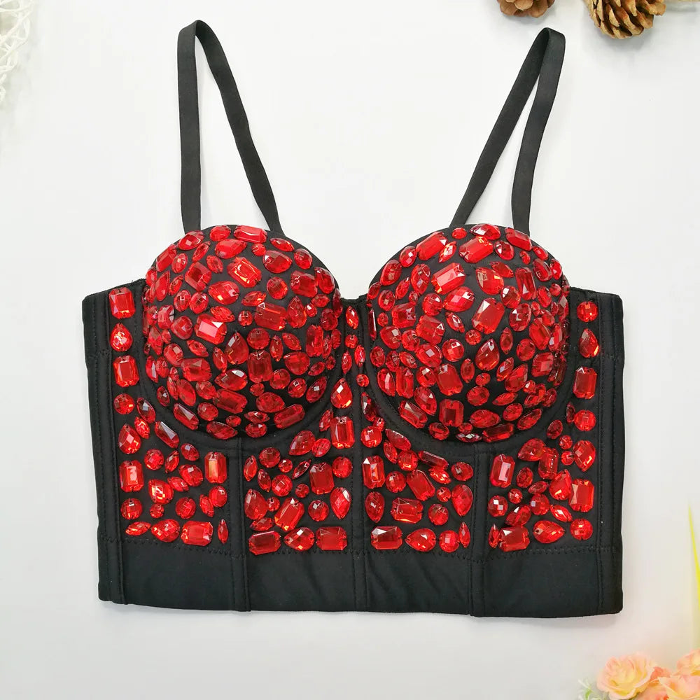 Fashion Sexy Women's Bustier Bra Hand-made Pearls Jewel Diamond Beading Crop Tops Female Cropped Sling Vest Top Bling Bra style 1 as pic 5