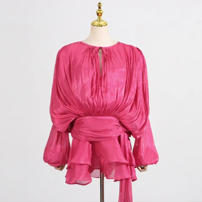 TWOTWINSTYLE Solid Loose Spliced Lace Up Elegant Dresses for Women Round Neck Long Sleeves Patchwork Folds Dress Female Style