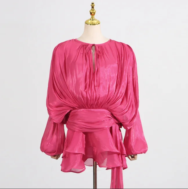 TWOTWINSTYLE Solid Loose Spliced Folds Elegant Dresses for Women Round Neck Long Sleeves Patchwork Lace Up Tunic Dress Female