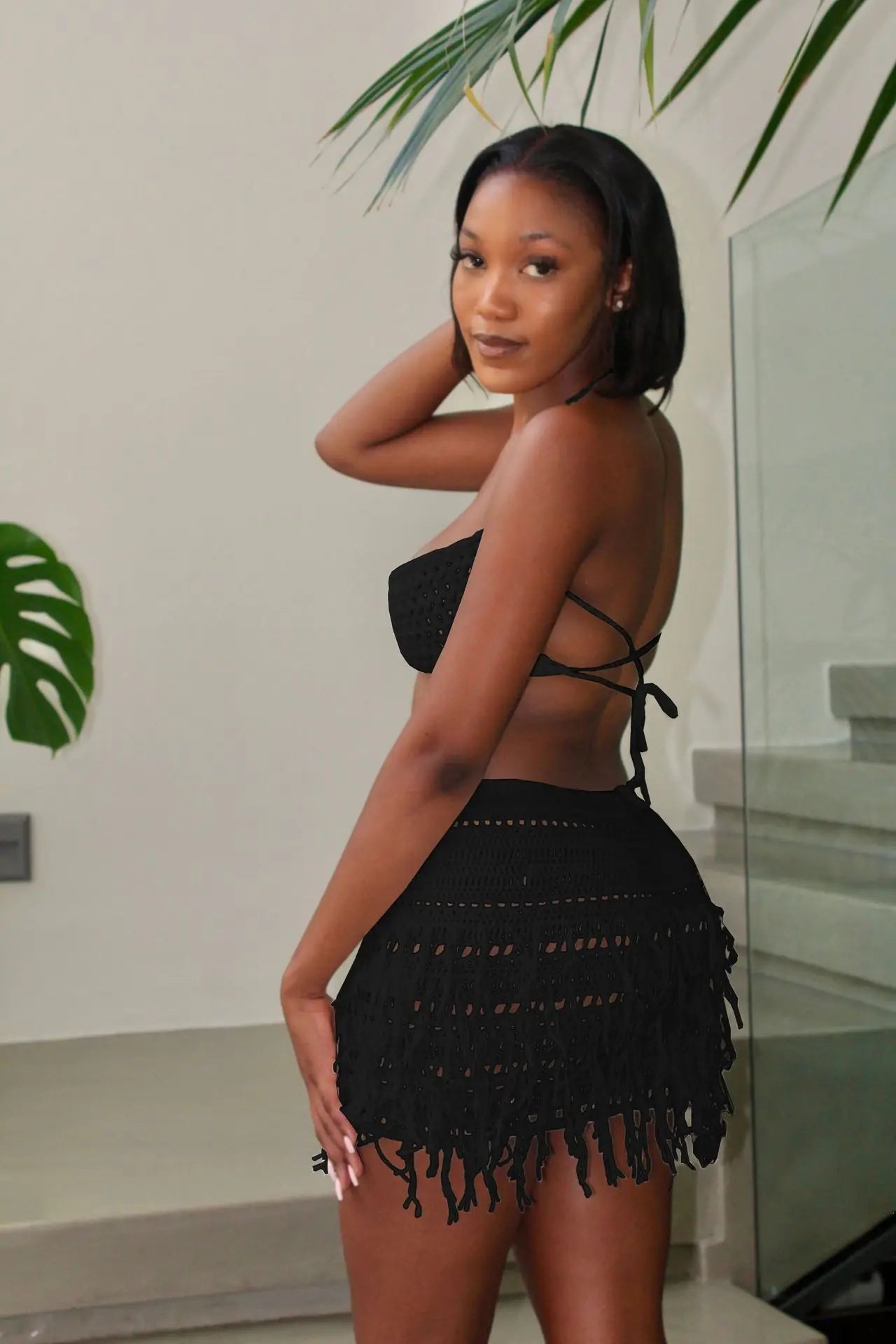 CM.YAYA Beach Holiday Knit Crochet Tassel Women Two 2 Piece Set Outfits Bra Top and Mini Skirt Suit 2024 INS Street Dress Set