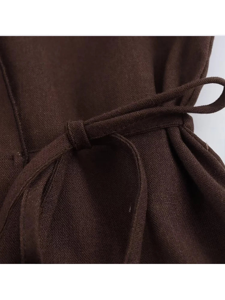 TRAF Fashion Linen 2 Pieces Women 2024 Spring Summer Kimono Style Loose Lace Up Shirts Tops Women's Wide Leg Pants Sets