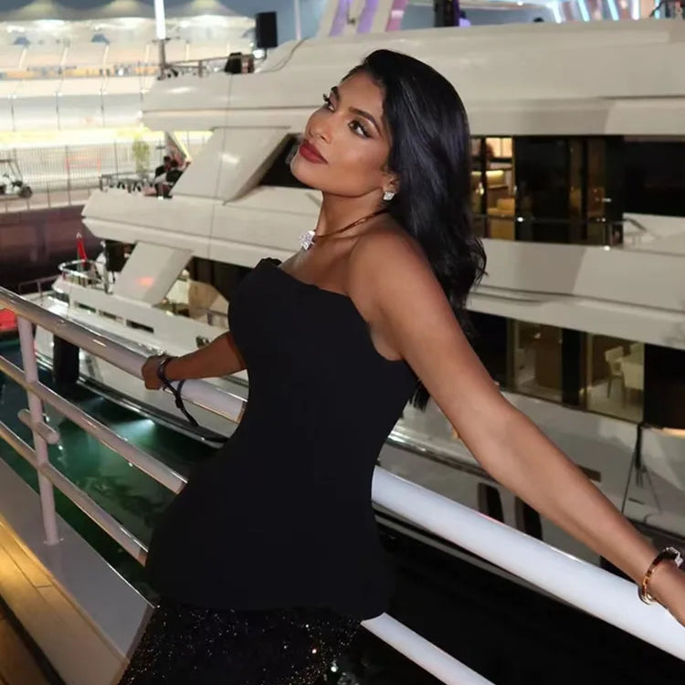 Sexy Strapless Backless Sequins Mesh Black Maxi Long Two Pieces Skirt Bandage Set 2025 Celebrity Designer Women's Set