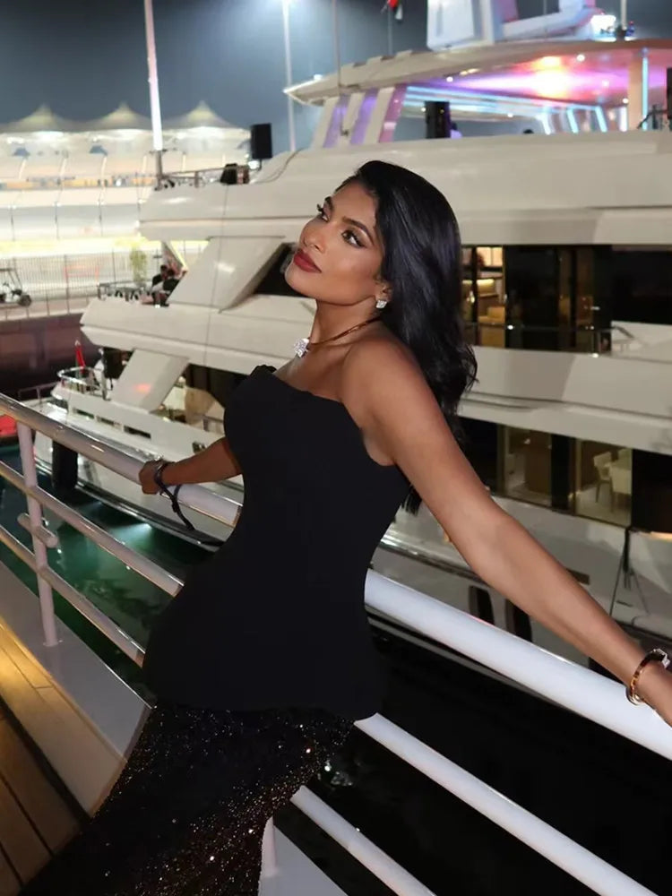 Sexy Strapless Backless Sequins Mesh Black Maxi Long Two Pieces Skirt Bandage Set 2025 Celebrity Designer Women's Set