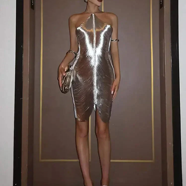 Sexy Fashion Metallic Halter Mini Dress For Women Female Sleeveless Backless Sliming Vestidos Lady Party Club Evening Gown Robe
