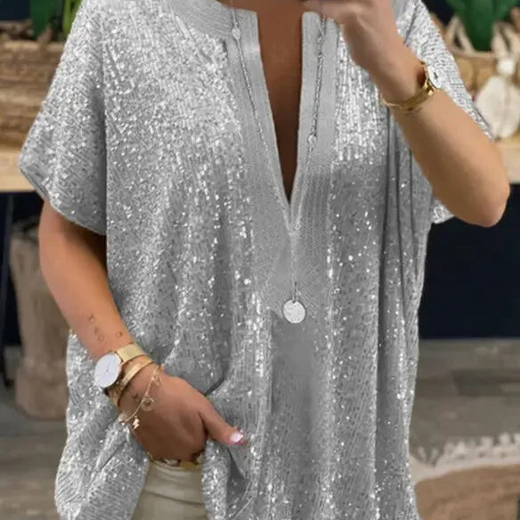 Women Blouses and Tops Large Size Designers Summer Short Sleeve V Neck Sequin Splic Long Shirts Womans Clothing Silver