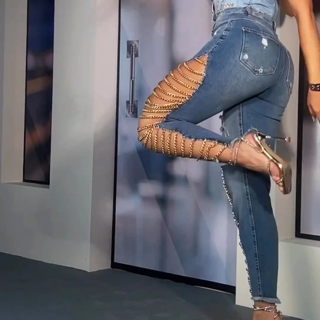 Sexy Skinny Slim Fit High Waist Jeans for Women Trendy Demin Pants Party Peach Button