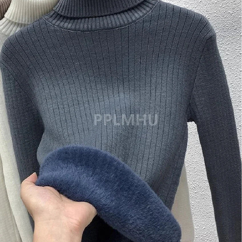 Warm Knit Pullover New Thicken Turtleneck Sweater For Winter Women Casual Slim Plush Lined Soft Long Sleeve Knitwear Jumper Tops striped grey green