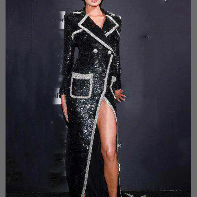 Celebrity Evening Cocktail Party Maxi Dress Women Polo Neck Long Sleeve Double breasted Pocket Design Slim Fit Split Long Dress