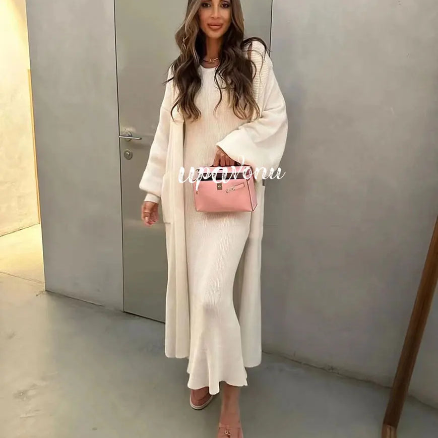 Casual Solid Knitted Sweater Long Dress Set Women Long Sleeve Loose Long Cardigan Coat&Sleeveless Mid length Dress Two Piece Set